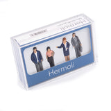 A clear plastic storage box containing four small Hermoli miniature figurines dressed in business attire, with a blue front label reading Hermoli.