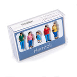 A boxed set of small miniature human figures displayed in a clear plastic case with a blue insert card labeled Hermoli.