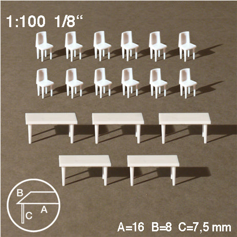 TABLES + CHAIRS, WHITE, M=1:100 (5 PCS) – Schuckertz Model Material