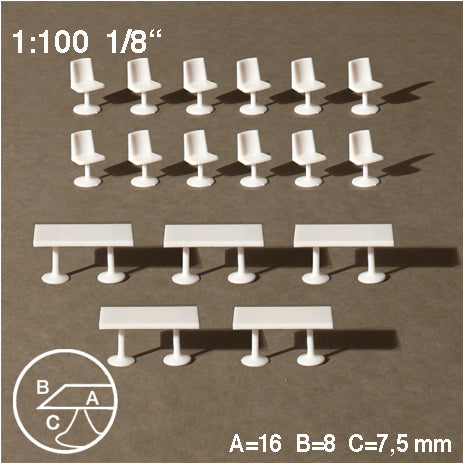TABLES + CHAIRS, SEPARATE LEGS, WHITE, M=1:100 (5 PCS)