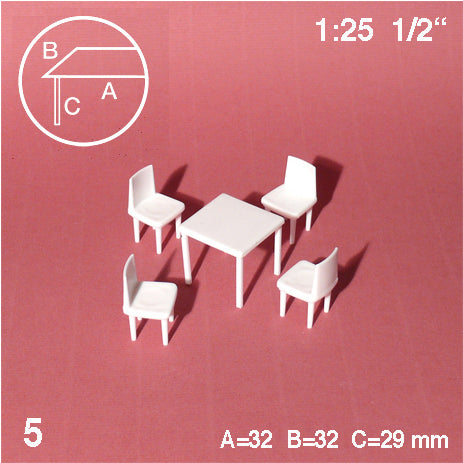 SQUARE TABLE + 4 CHAIRS, WHITE, M=1:25 (1 PCS)